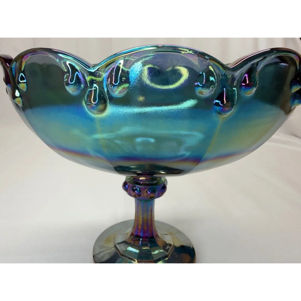 Vtg Iridescent Blue Carnival Glass Compote Scalloped Pedestal Candy Dish 7.25